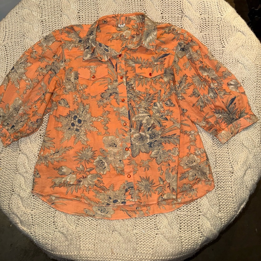 ivy jane Peach Floral Puff-Sleeve Button-Up Blouse - Picture 3 of 7